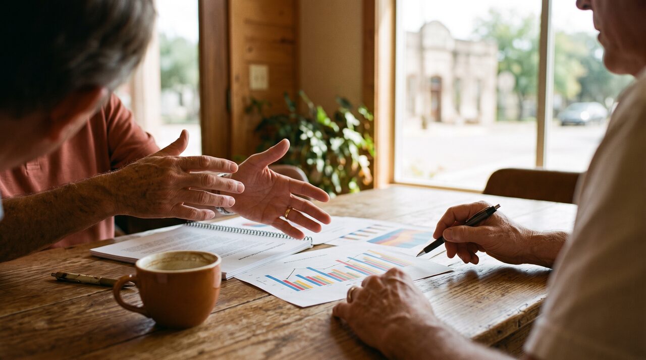 Hands reviewing charts on a conference table