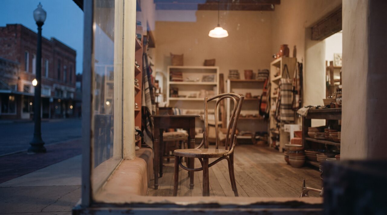 A quiet small-town shop at dusk with one light on