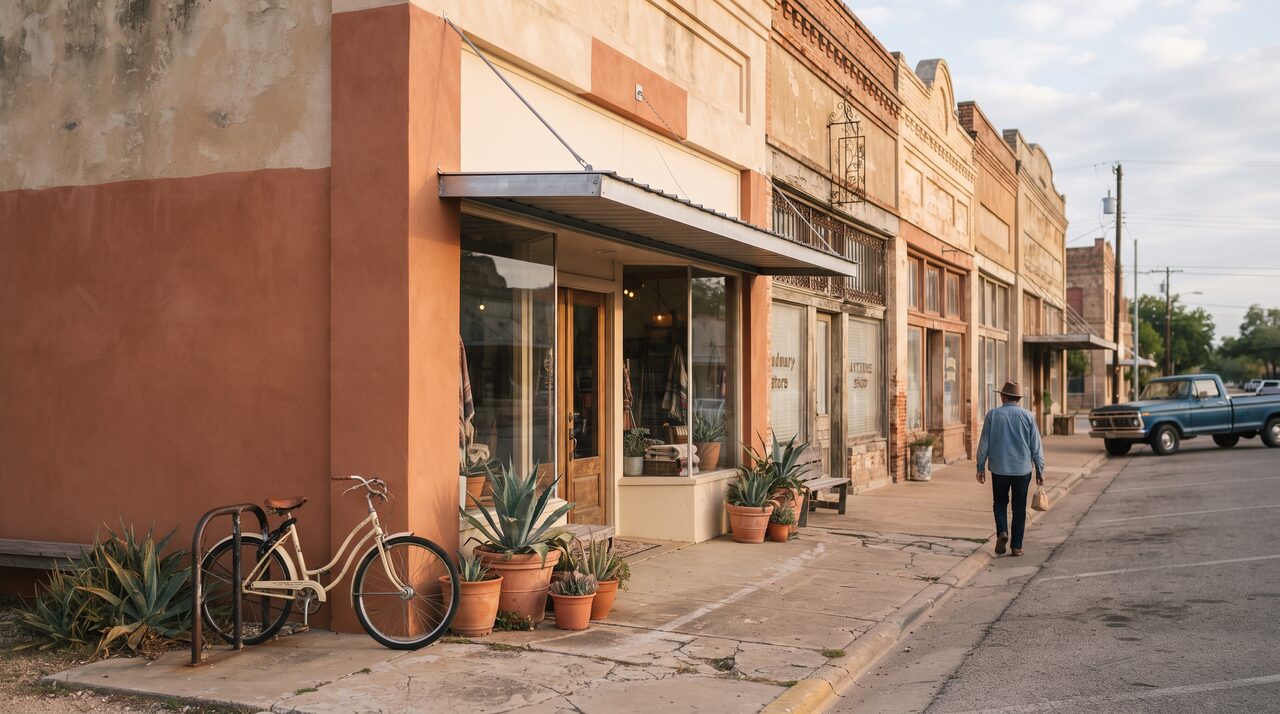 A freshly painted storefront facade on a small-town main street