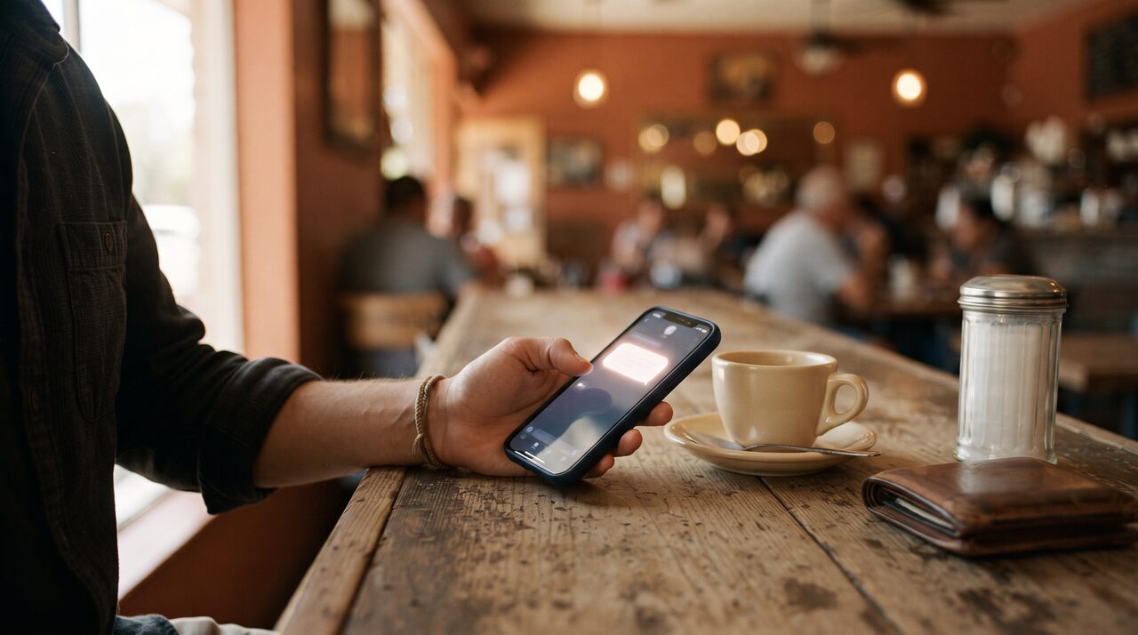 A hand holding a phone with an abstract answer on screen at a cafe counter