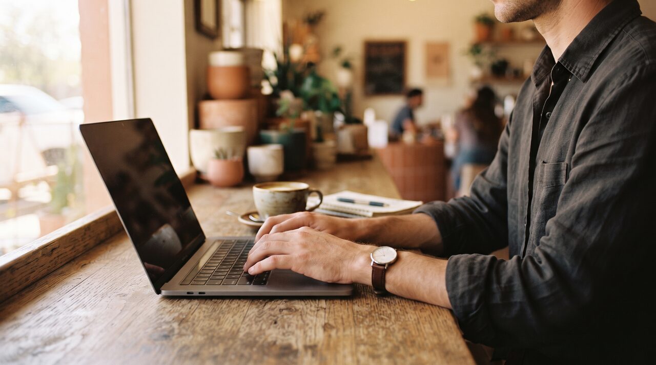 Hands typing on a laptop at a small shop counter