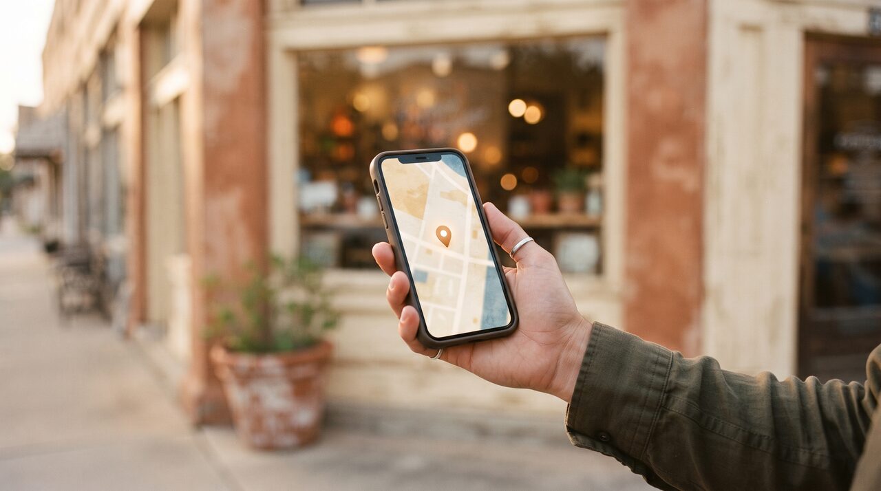 A hand holding a phone showing a map pin outside a small-town storefront