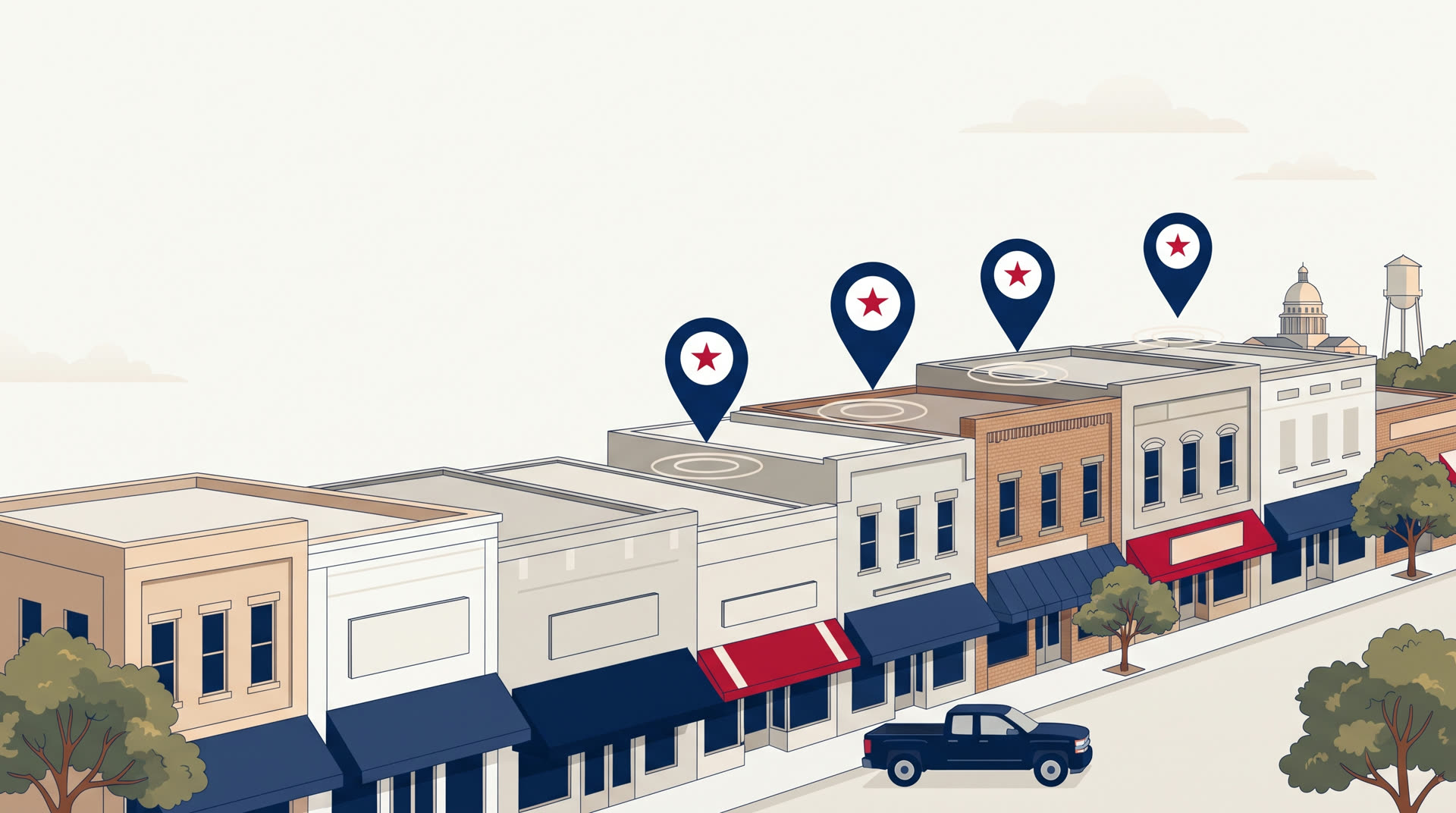 A Texas Main Street of local shops with Digital Facade map pins over the storefronts